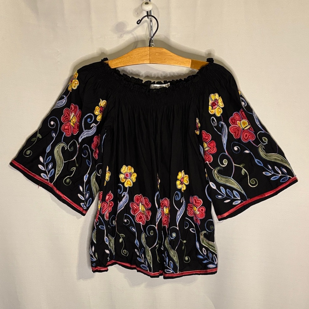 FERATILLI Black Floral Embroidered Peasant Off Shoulder Cotton Blouse Medium